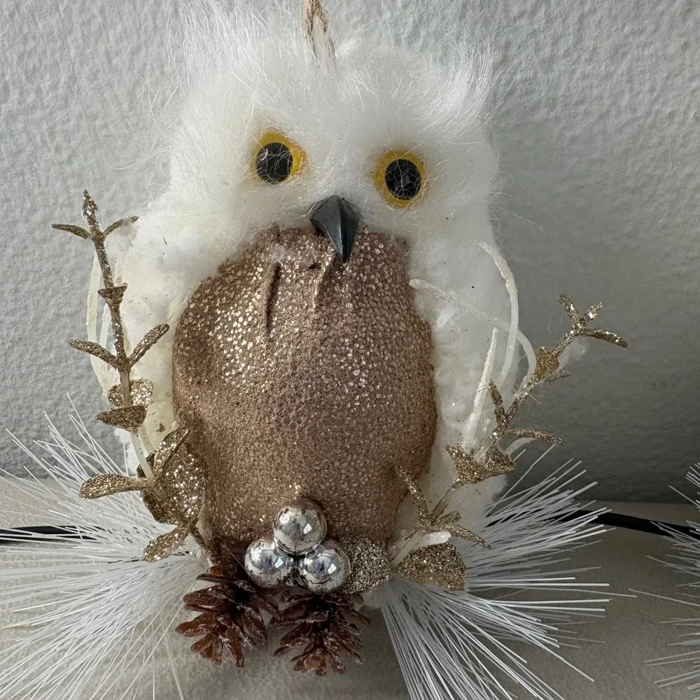 Set of 2 White Faux Fur Owl Christmas Ornaments Rose Gold Glitter Accents 5